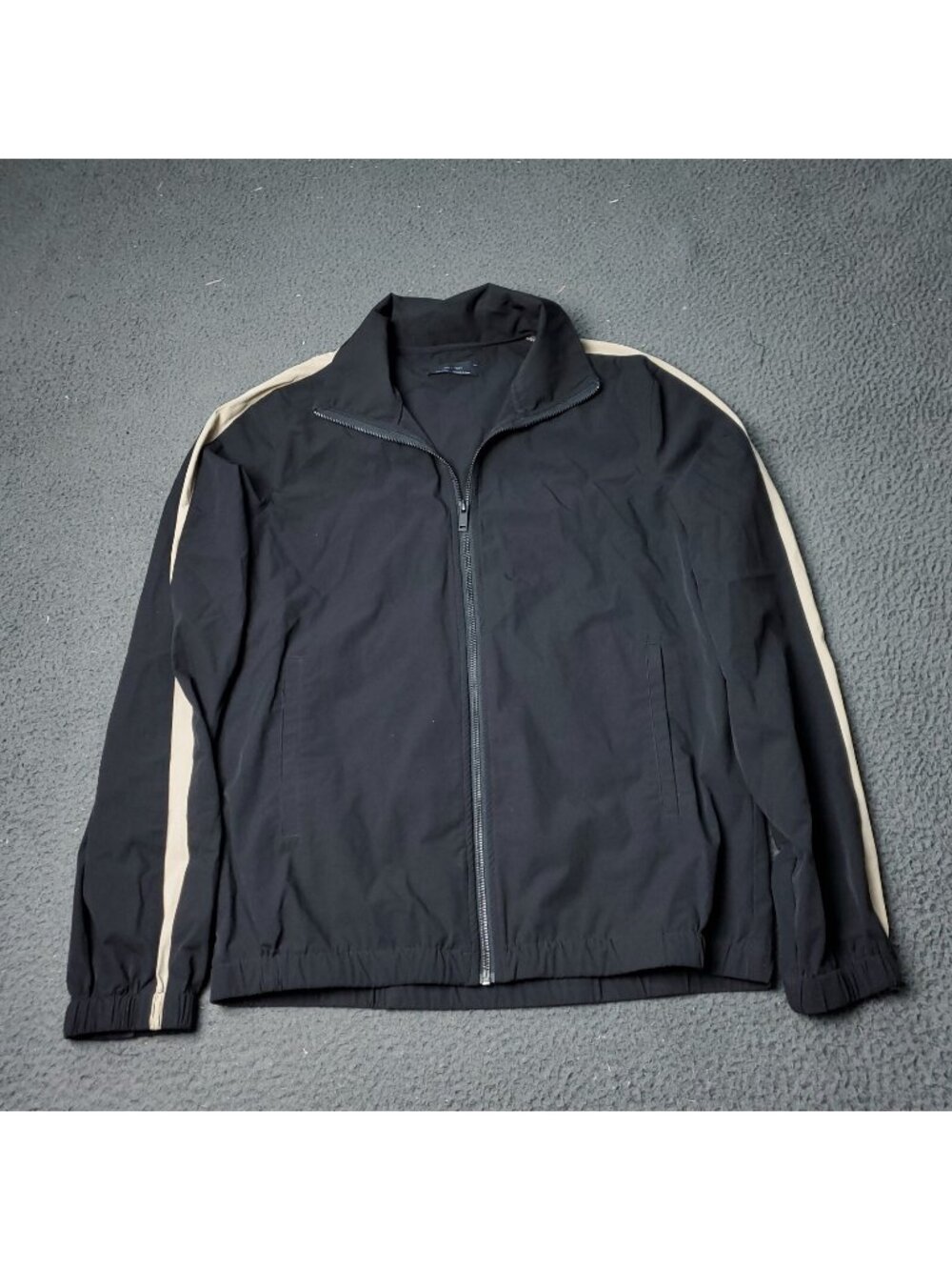OAK + FORT Jacket Womens S Small Petite Black Nylon Spandex Zip Up Track Striped